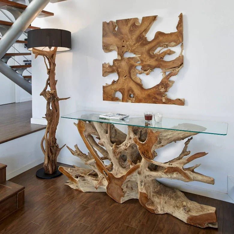 Teak Wurzelholz Konsole NAGA Breite 140cm mit Glasplatte - Google shopping