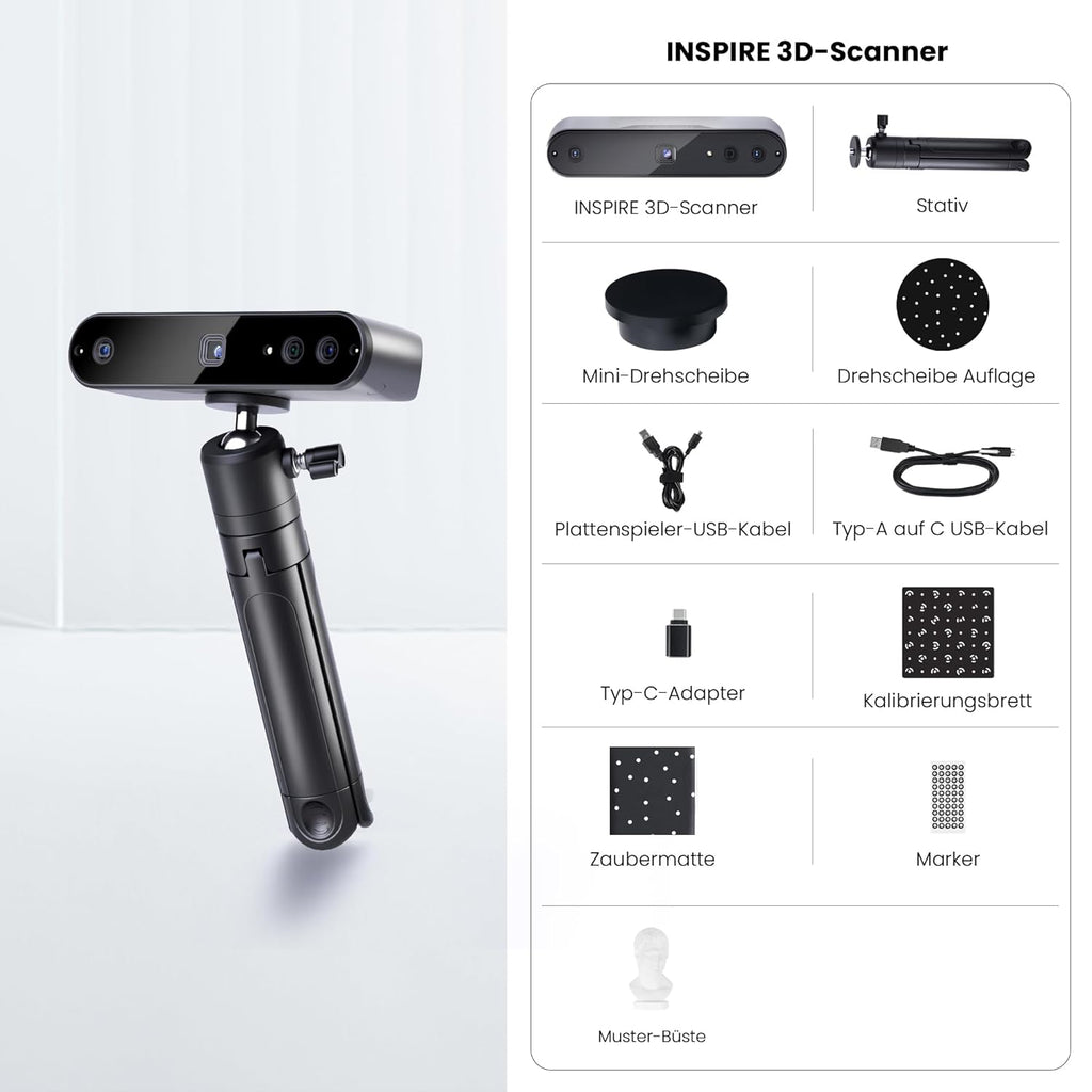 Revopoint INSPIRE 3D-Scanner für 3D-Druck handgeführter, tragbarer 3D-Scanner mit bis zu 18 FPS Scangeschwindigkeit, 0,2 mm Genauigkeit, vollfarbiges 3D-Scannen Kompatibel mit Android/iOS/Mac/Win