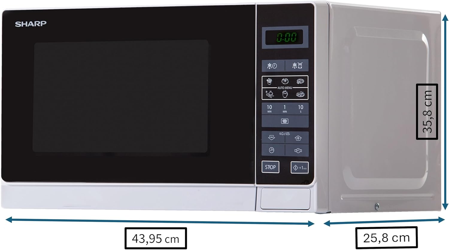 Sharp R242INW Solo-Mikrowelle / 20 L / 800 W / 5 Leistungsstufen / 8 Automatikprogramme / Gewicht- und zeitgesteuerte Auftauen / Kindersicherung / Energiesparmodus / Glasdrehteller (25,5 cm) / silber