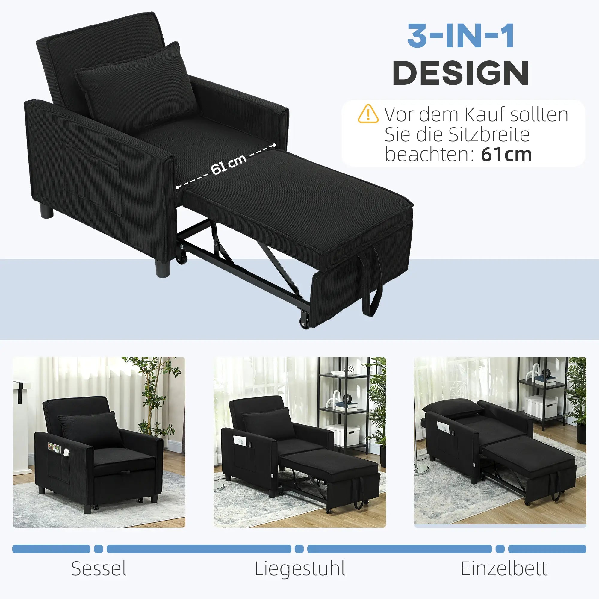HOMCOM Schlafsessel Klappbett 3in1 verstellbar mit Rollen
