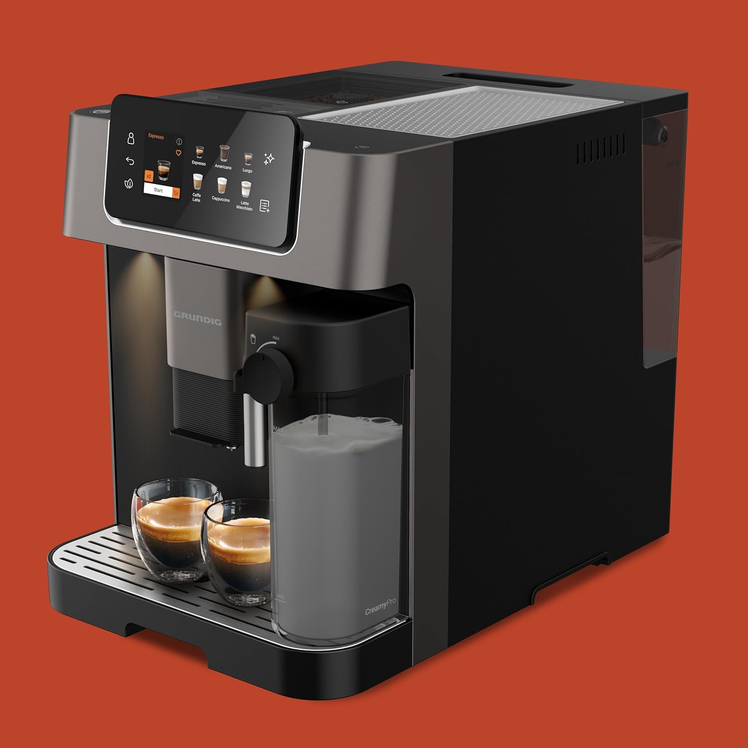 GRUNDIG KVA 7230 Kaffeevollautomat, Kaffeemaschine, 10 Kaffeespezialitäten, 13 Mahlgrade, Milchbehälter, leistungsstark 1350 W, 19 Bar Pumpendruck, Zweifachdüse, Beleuchtung, Schwarz/Dunkelsilber