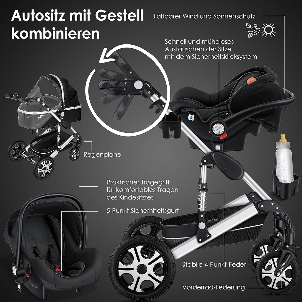 KESSER® Loops 3 in 1 Kinderwagen Kombikinderwagen Komplett-Set inkl. Babywanne & Buggy Sportsitz & Auto-Babyschale Voll-Gummireifen Wickeltasche Regenschutz Kindertisch ECE R129, Schwarz/Champagne