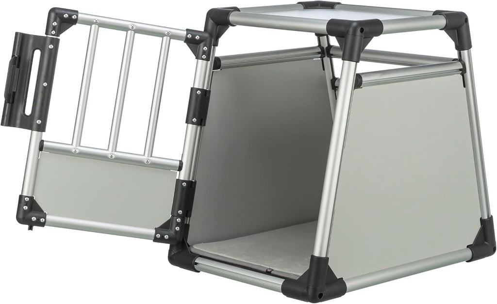 TRIXIE Hunde-Transportbox, Aluminium, L: 92 x 64 x 78 cm, grafit, rutschfste Liegematte, Klettleiste am Boden, Sicherheitsverschluss, stabil und geruscharm, hochgeschlossene Wnde - 39338