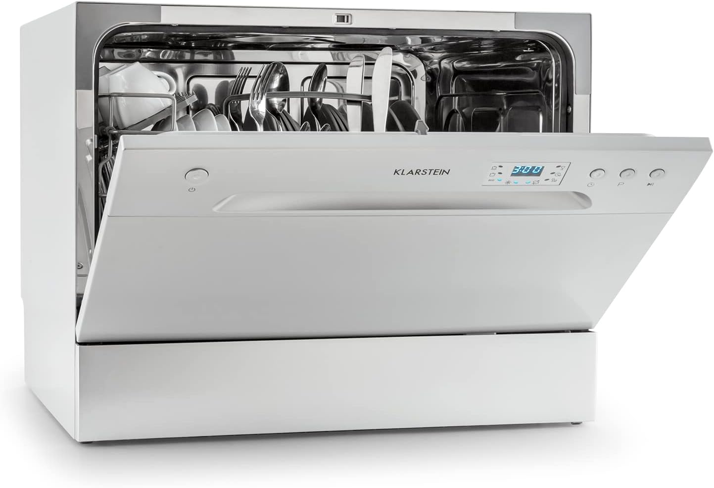 Klarstein  ia 8 - Spülmaschine, Geschirrspüler, Freistehend, Teilintegriert, F, 55 cm breit, 8 Maßgedecke, 6 Programme, Aquastop, silber